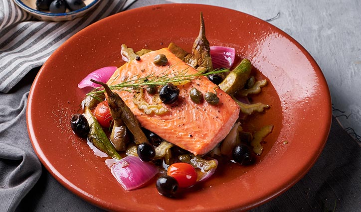 Paksiw na Salmon in Olive Oil with Anchovies, Olives, and Capers