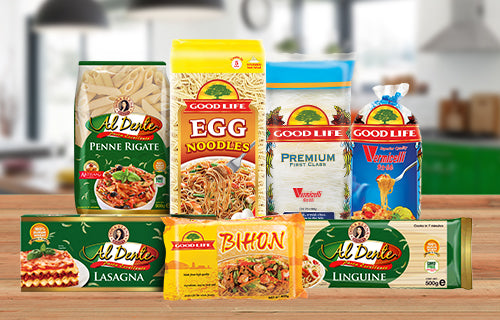 Asian and Western Noodles and Pasta in pack and boxes. This includes Egg, rice and potato noodles as well as Lasagna, Penne and Linguine